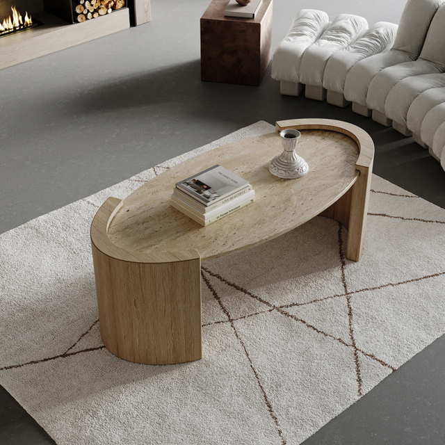 Japandi Travertine Coffee Table with Oval Beige Stone Top - image 1