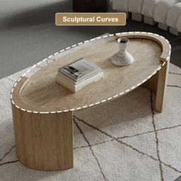 Japandi Travertine Coffee Table with Oval Beige Stone Top - thumbnail 6