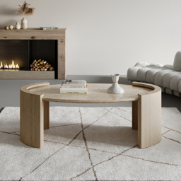 Japandi Travertine Coffee Table with Oval Beige Stone Top - thumbnail 3