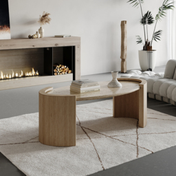 Japandi Travertine Coffee Table with Oval Beige Stone Top - thumbnail 2