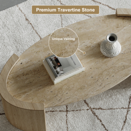 Japandi Travertine Coffee Table with Oval Beige Stone Top - thumbnail 7