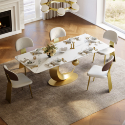180 cm White Rectangular Dining Table Modern Faux Marble Tabletop with Pedestal Base - thumbnail 1