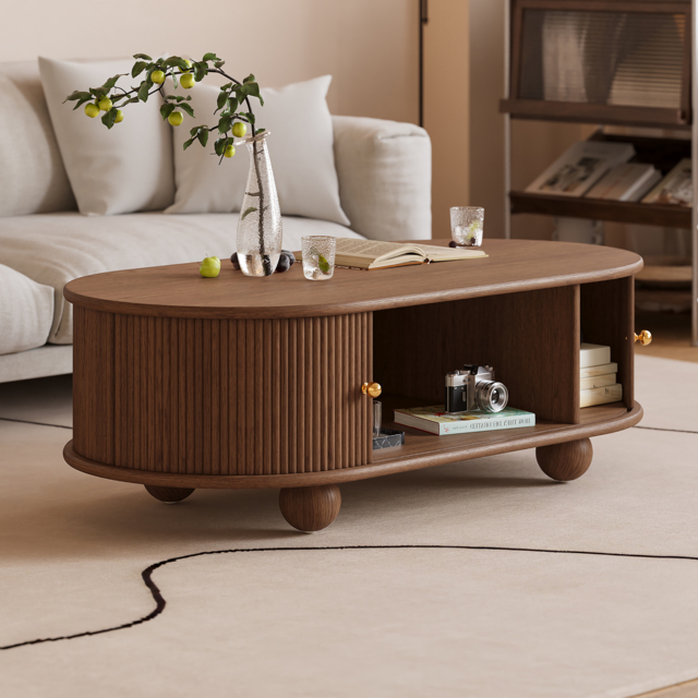 1100mm Tambour Door Solid Wood Coffee Table with Storage Oval Walnut Living Room Table - image 1