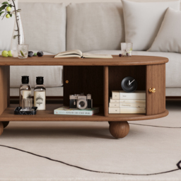 1100mm Tambour Door Solid Wood Coffee Table with Storage Oval Walnut Living Room Table - thumbnail 9