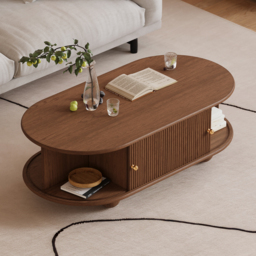 1100mm Tambour Door Solid Wood Coffee Table with Storage Oval Walnut Living Room Table - thumbnail 3