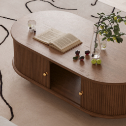 1100mm Tambour Door Solid Wood Coffee Table with Storage Oval Walnut Living Room Table - thumbnail 6