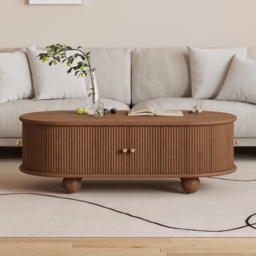 1100mm Tambour Door Solid Wood Coffee Table with Storage Oval Walnut Living Room Table - thumbnail 5