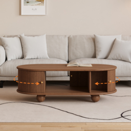 1100mm Tambour Door Solid Wood Coffee Table with Storage Oval Walnut Living Room Table - thumbnail 4