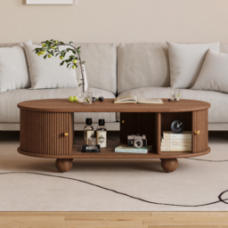 1100mm Tambour Door Solid Wood Coffee Table with Storage Oval Walnut Living Room Table - thumbnail 2