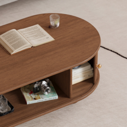 1100mm Tambour Door Solid Wood Coffee Table with Storage Oval Walnut Living Room Table - thumbnail 8
