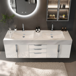 "59"" Wall Mounted Bathroom Vanity Faux Marble Top with Double Sink White" - thumbnail 2