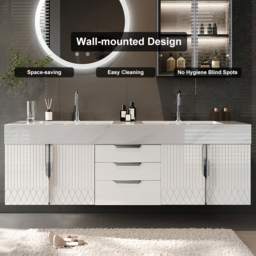 "59"" Wall Mounted Bathroom Vanity Faux Marble Top with Double Sink White" - thumbnail 6