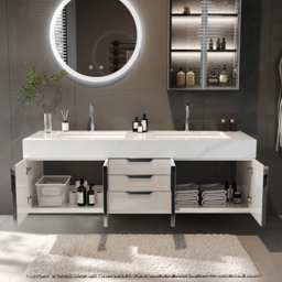 "59"" Wall Mounted Bathroom Vanity Faux Marble Top with Double Sink White" - thumbnail 5