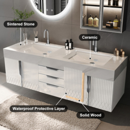 "59"" Wall Mounted Bathroom Vanity Faux Marble Top with Double Sink White" - thumbnail 4