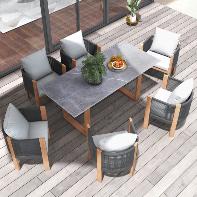 "7 PCS 70.9"" Faux Marble Outdoor Dining Table Set with Woven Rope Chairs in Gray for 6 Person Patio & Yard Large Marble Outdoor Dining Table with Chair" - image 1