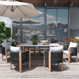 "7 PCS 70.9"" Faux Marble Outdoor Dining Table Set with Woven Rope Chairs in Gray for 6 Person Patio & Yard Large Marble Outdoor Dining Table with Chair" - thumbnail 3