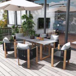 "7 PCS 70.9"" Faux Marble Outdoor Dining Table Set with Woven Rope Chairs in Gray for 6 Person Patio & Yard Large Marble Outdoor Dining Table with Chair" - thumbnail 2