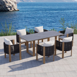 "7 PCS 70.9"" Faux Marble Outdoor Dining Table Set with Woven Rope Chairs in Gray for 6 Person Patio & Yard Large Marble Outdoor Dining Table with Chair" - thumbnail 4