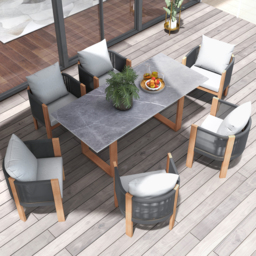 "7 PCS 70.9"" Faux Marble Outdoor Dining Table Set with Woven Rope Chairs in Gray for 6 Person Patio & Yard Large Marble Outdoor Dining Table with Chair" - thumbnail 1