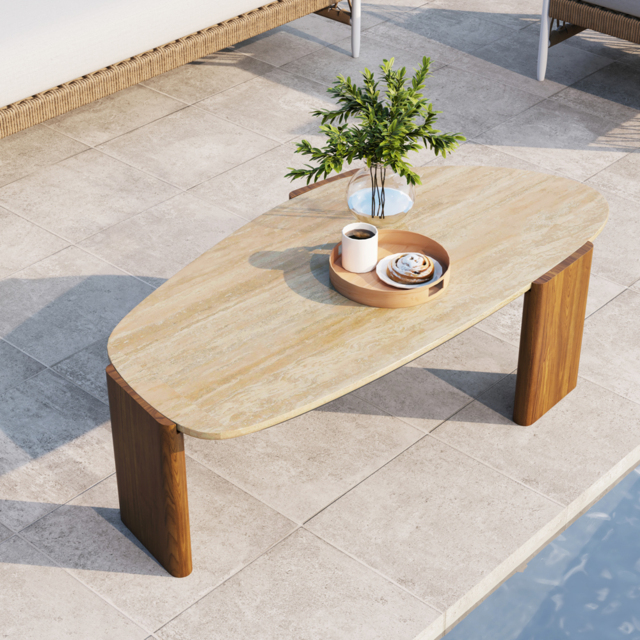 Modern Geometric Beige Outdoor Patio Travertine Coffee Table with Wood Stand in Walnut