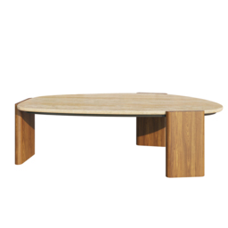 Modern Geometric Beige Outdoor Patio Travertine Coffee Table with Wood Stand in Walnut - thumbnail 4