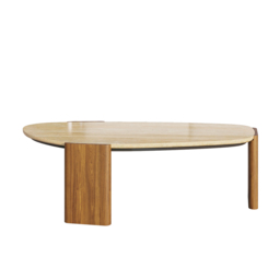 Modern Geometric Beige Outdoor Patio Travertine Coffee Table with Wood Stand in Walnut - thumbnail 5