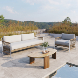 Modern Geometric Beige Outdoor Patio Travertine Coffee Table with Wood Stand in Walnut - thumbnail 3