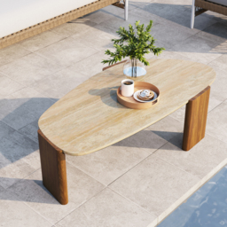 Modern Geometric Beige Outdoor Patio Travertine Coffee Table with Wood Stand in Walnut - thumbnail 1