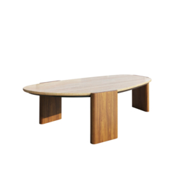 Modern Geometric Beige Outdoor Patio Travertine Coffee Table with Wood Stand in Walnut - thumbnail 6