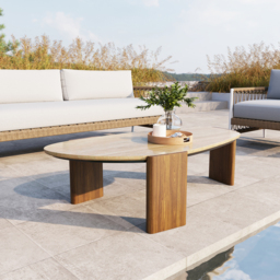 Modern Geometric Beige Outdoor Patio Travertine Coffee Table with Wood Stand in Walnut - thumbnail 2