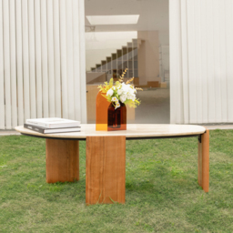 Modern Geometric Beige Outdoor Patio Travertine Coffee Table with Wood Stand in Walnut - thumbnail 9
