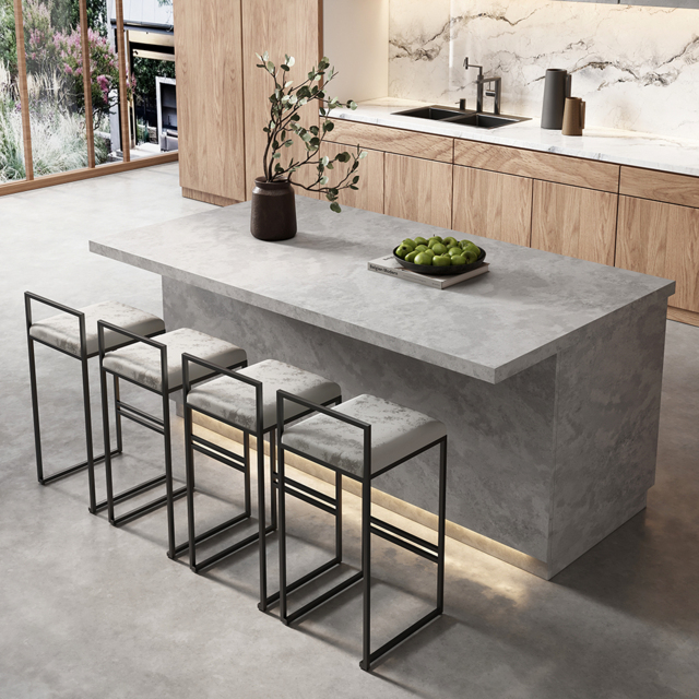1830mm Japandi Kitchen lsland Grey & 2 Counter Stools Set Wooden Storage Cabinet - image 1