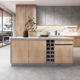 1830mm Japandi Kitchen lsland  Grey & 2 Counter Stools Set Wooden Storage Cabinet - thumbnail 2