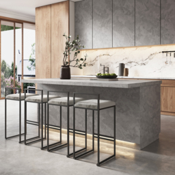1830mm Japandi Kitchen lsland  Grey & 2 Counter Stools Set Wooden Storage Cabinet - thumbnail 3