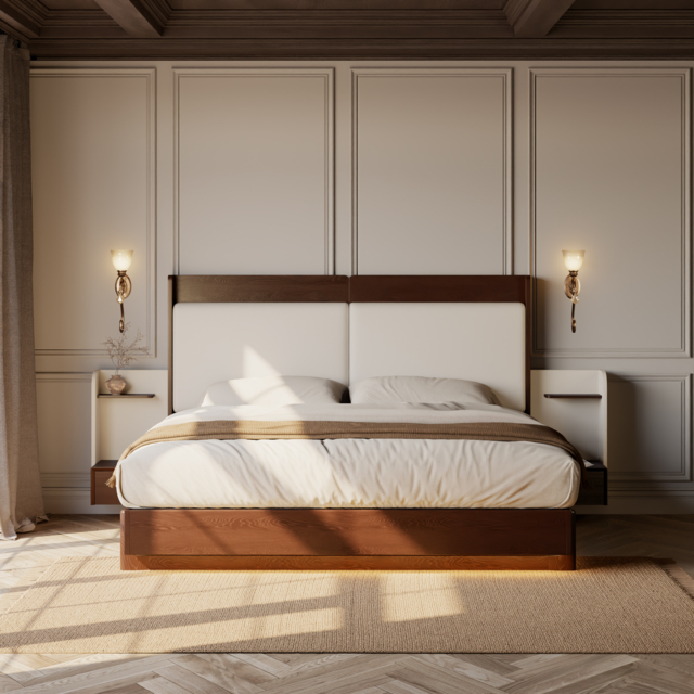 Solid Wood Bed with Leather Extended Headboard & Floating Smart Nightstand Set - image 1