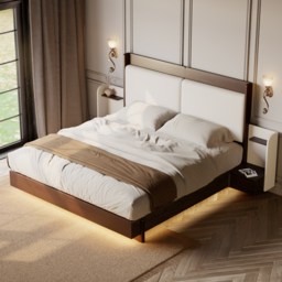 Solid Wood Bed with Leather Extended Headboard & Floating Smart Nightstand Set - thumbnail 4