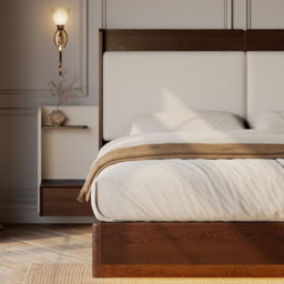 Solid Wood Bed with Leather Extended Headboard & Floating Smart Nightstand Set - thumbnail 9