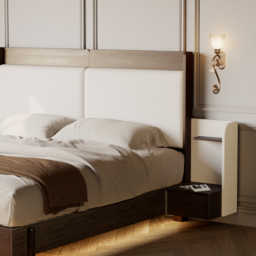 Solid Wood Bed with Leather Extended Headboard & Floating Smart Nightstand Set - thumbnail 6