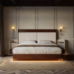 Solid Wood Bed with Leather Extended Headboard & Floating Smart Nightstand Set - thumbnail 2