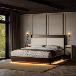 Solid Wood Bed with Leather Extended Headboard & Floating Smart Nightstand Set - thumbnail 3