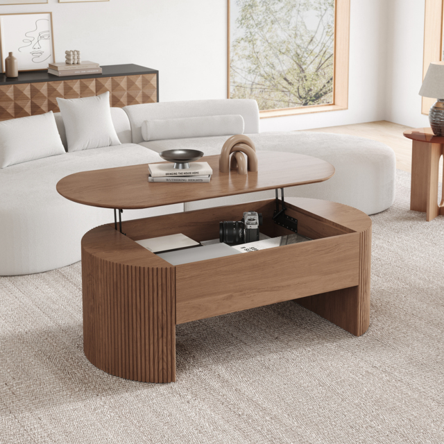 Walnut Oval Lift Top Mid-Century Modern Coffee Table - image 1
