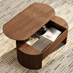 Walnut Oval Lift Top Mid-Century Modern Coffee Table - thumbnail 3
