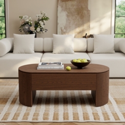 Walnut Oval Lift Top Mid-Century Modern Coffee Table - thumbnail 4