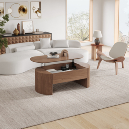 Walnut Oval Lift Top Mid-Century Modern Coffee Table - thumbnail 4