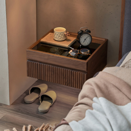 Modern Floating Walnut Nightstand with Glass Top & Jewelry Storage Bedside Table Set of 2 - thumbnail 3