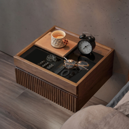 Modern Floating Walnut Nightstand with Glass Top & Jewelry Storage Bedside Table Set of 2 - thumbnail 5