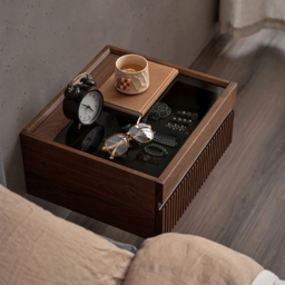Modern Floating Walnut Nightstand with Glass Top & Jewelry Storage Bedside Table Set of 2 - thumbnail 4