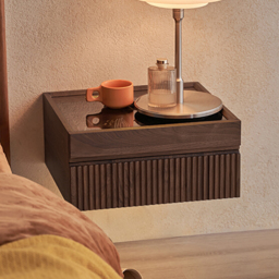 Modern Floating Walnut Nightstand with Glass Top & Jewelry Storage Bedside Table Set of 2 - thumbnail 2