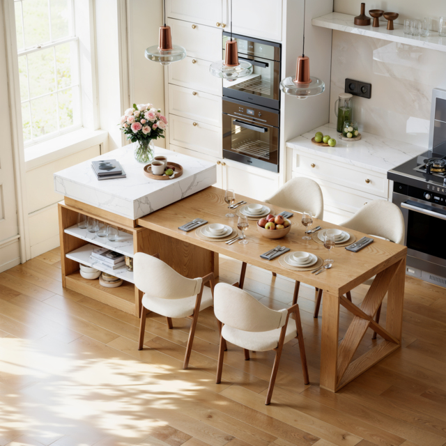 1850mm-2350mm Extendable White&Natural Kitchen Island with Storage Kitchen Cabinet - image 1