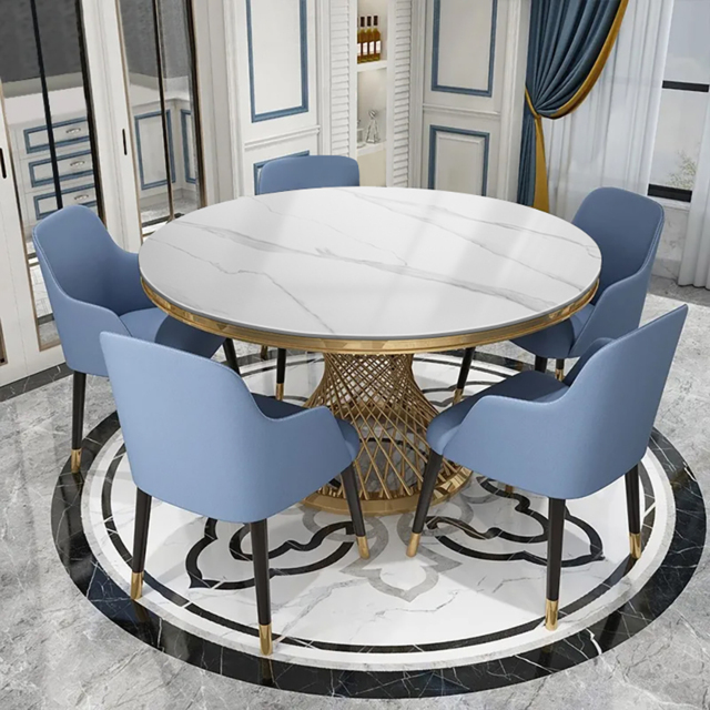 "Modern 51"" Round Dining Table Faux Marble Tabletop & Golden Stainless Steel Pedestal"
